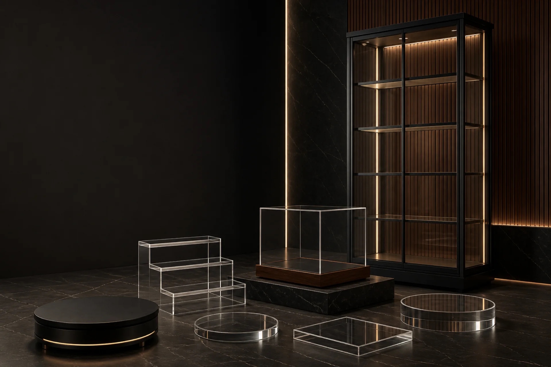Luxury gallery of glass display cases, acrylic covers, risers, and a rotating turntable