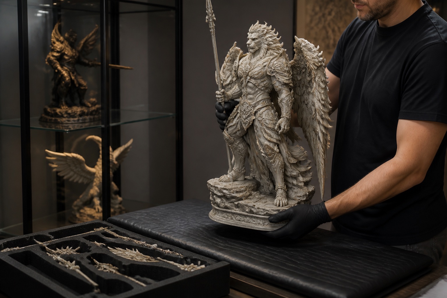 Collector in gloves lifting a fictional unbranded winged statue over a padded worktable beside a fitted foam tray holding its separated accessory parts